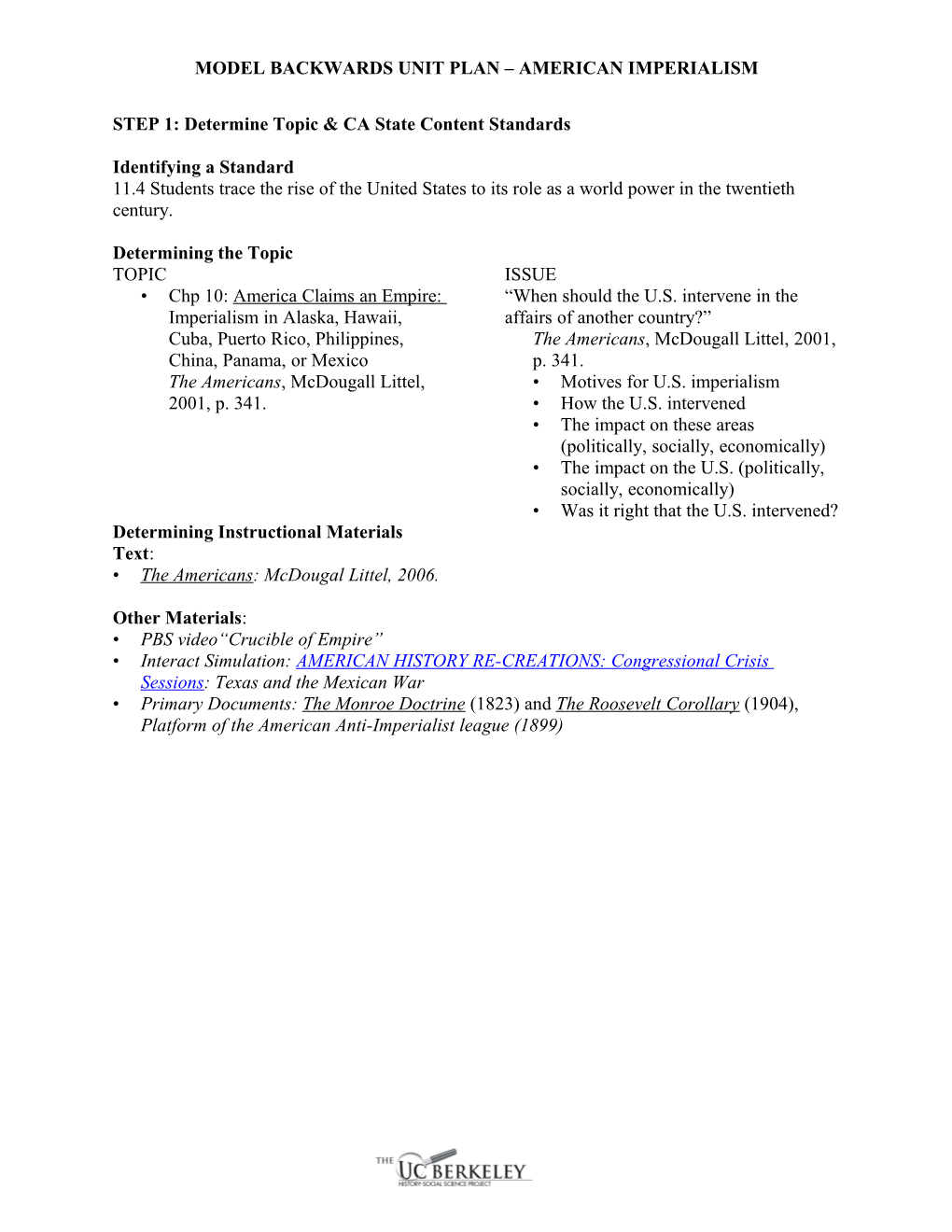 Model Backwards Unit Plan American Imperialism