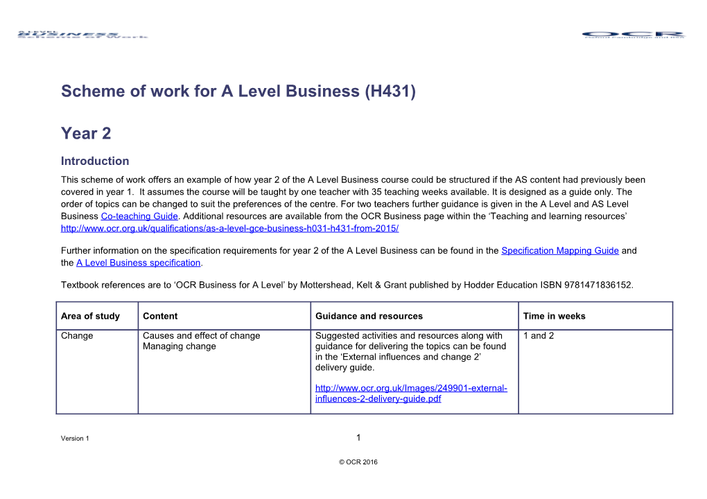Scheme of Work for a Level Business (H431)