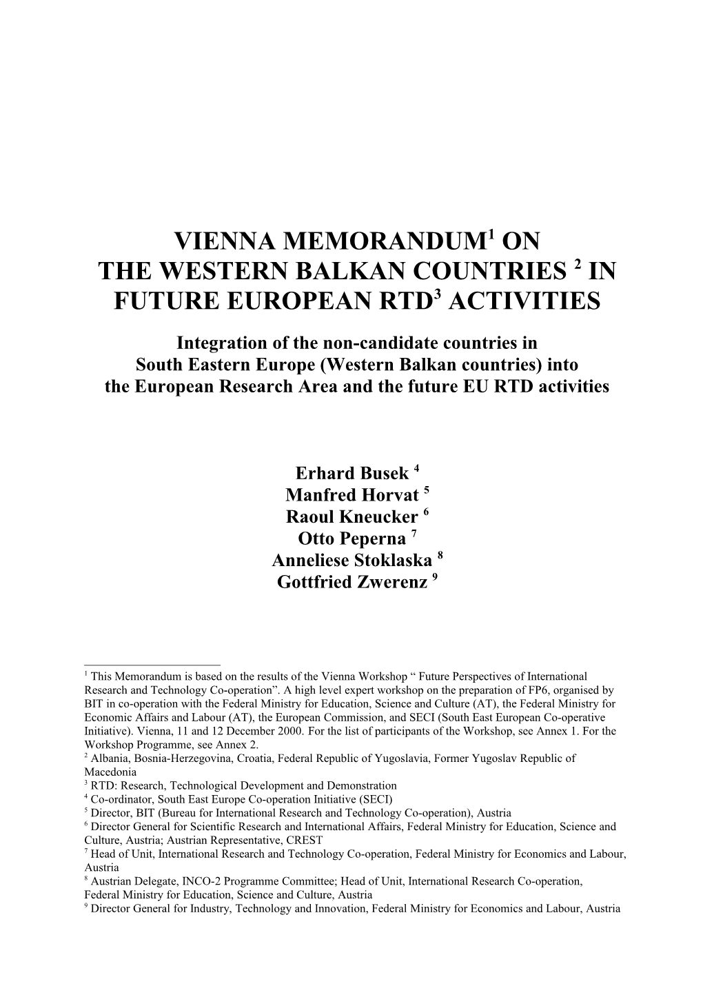 Vienna Paper on the West Balkans in FP6