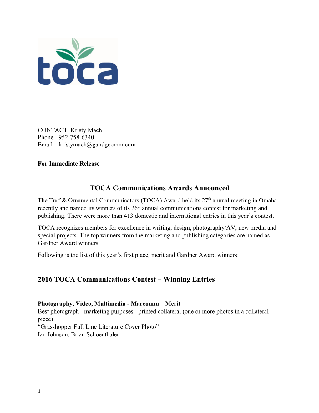 TOCA Communications Awards Announced