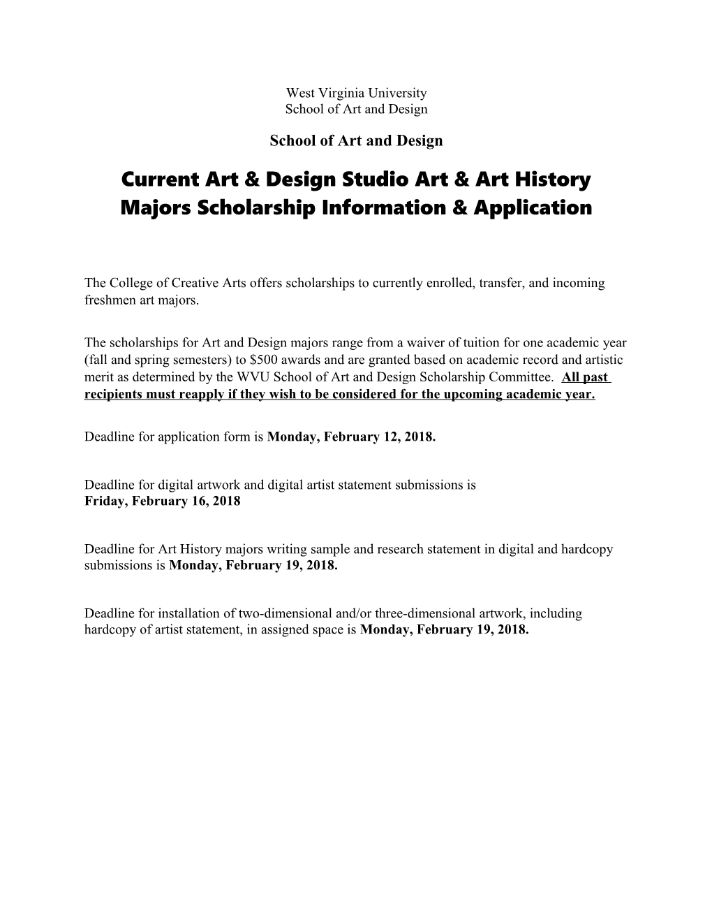 Current Art & Design Studio Art & Art History Majors Scholarship Information & Application
