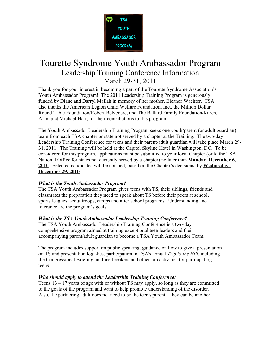 Tourette Syndrome Youth Ambassador