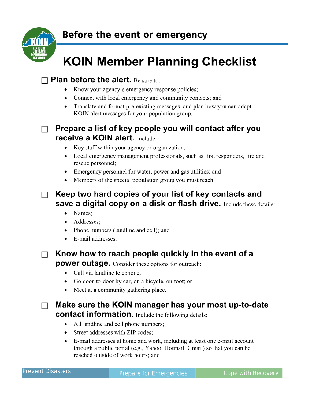 KOIN Member Checklist