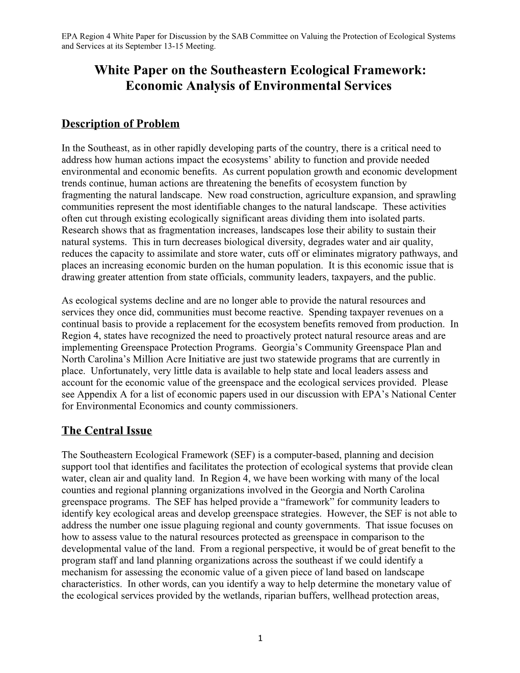 White Paper for One North Carolina Naturally and EPA Southeastern Ecological Framework