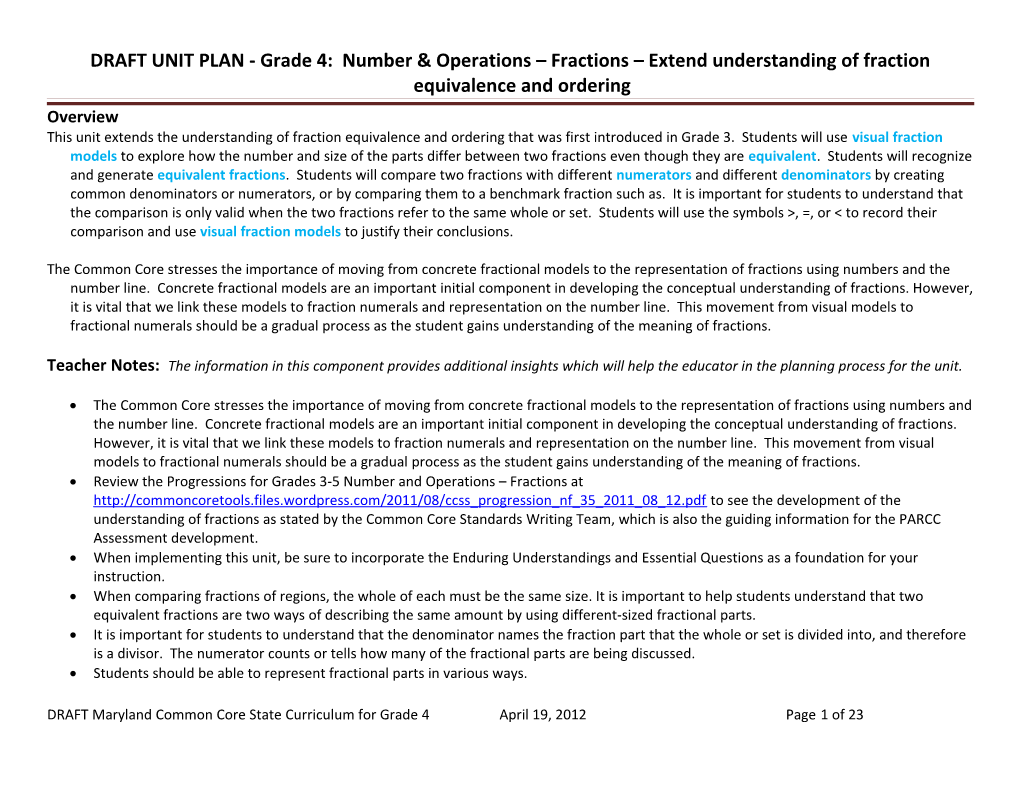 DRAFT UNIT PLAN - Grade 4: Number & Operations Fractions Extend Understanding of Fraction
