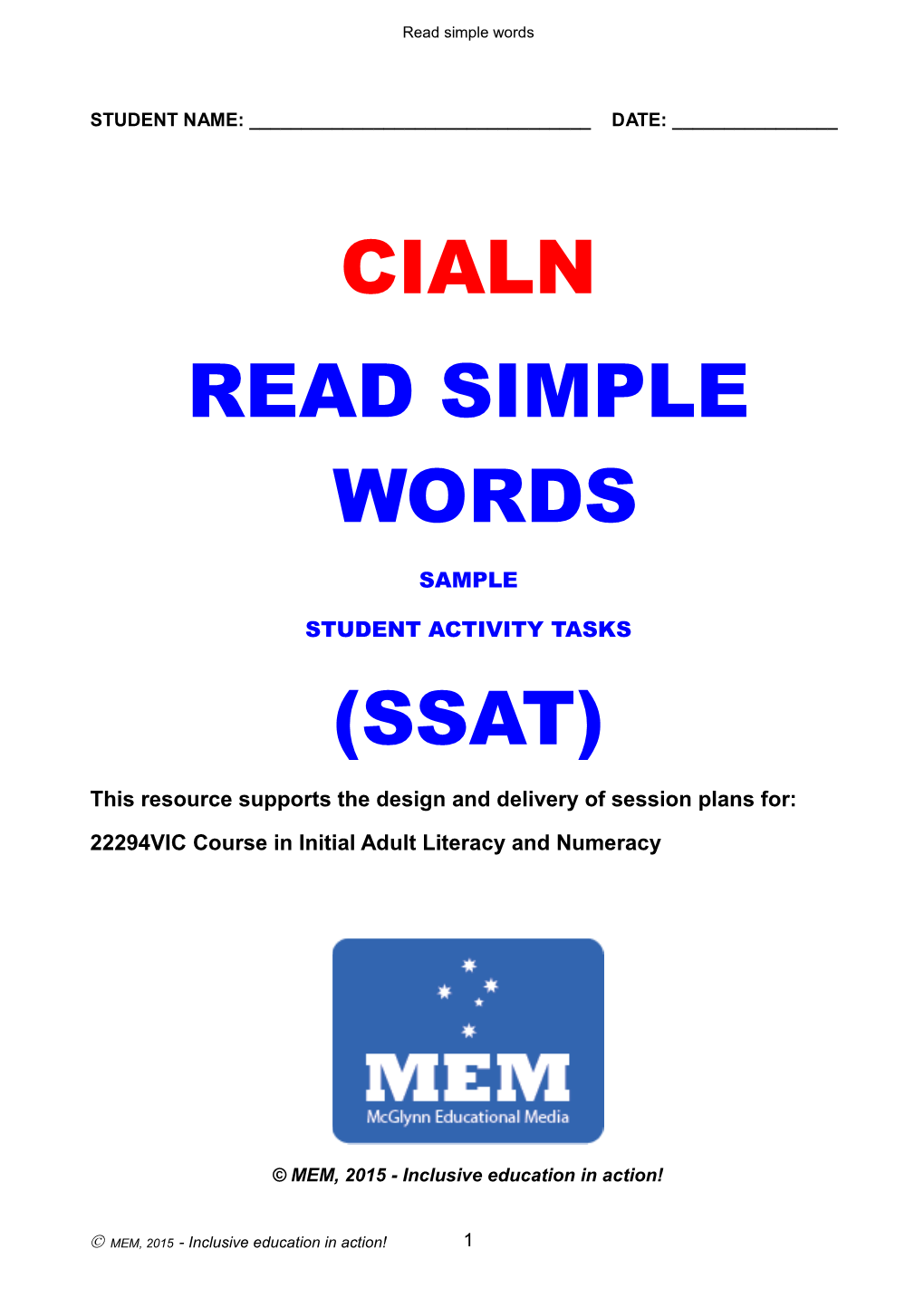 Cialn Sample Student Assessment Tasks (Ssat) Manual Order Form