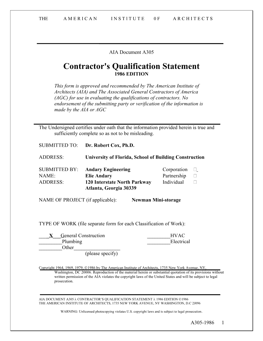 Contractor's Qualification Statement