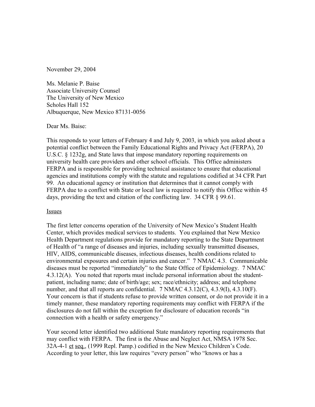 Letter to University of New Mexico Re: Applicability of FERPA to Health and Other State