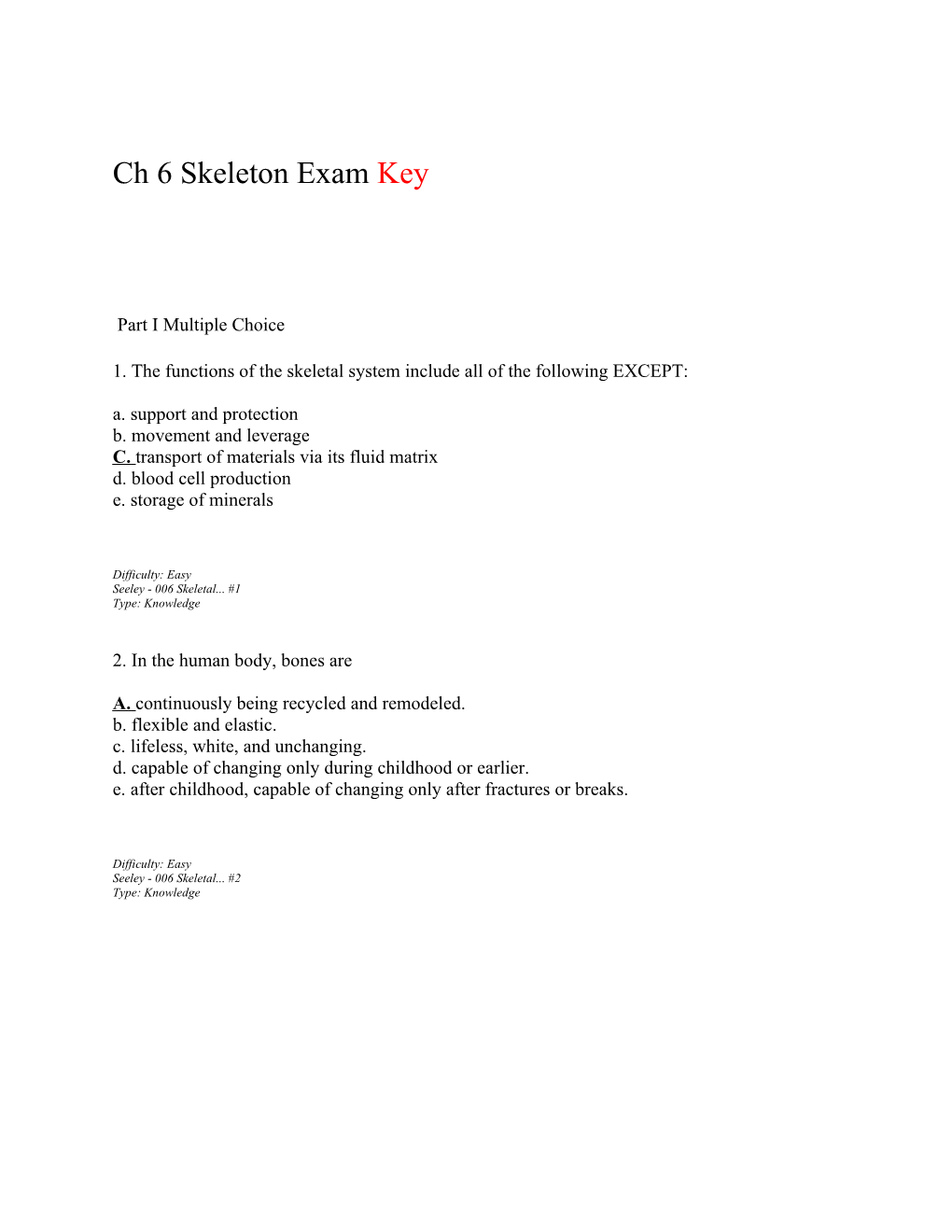 Ch 6 Skeleton Exam Key