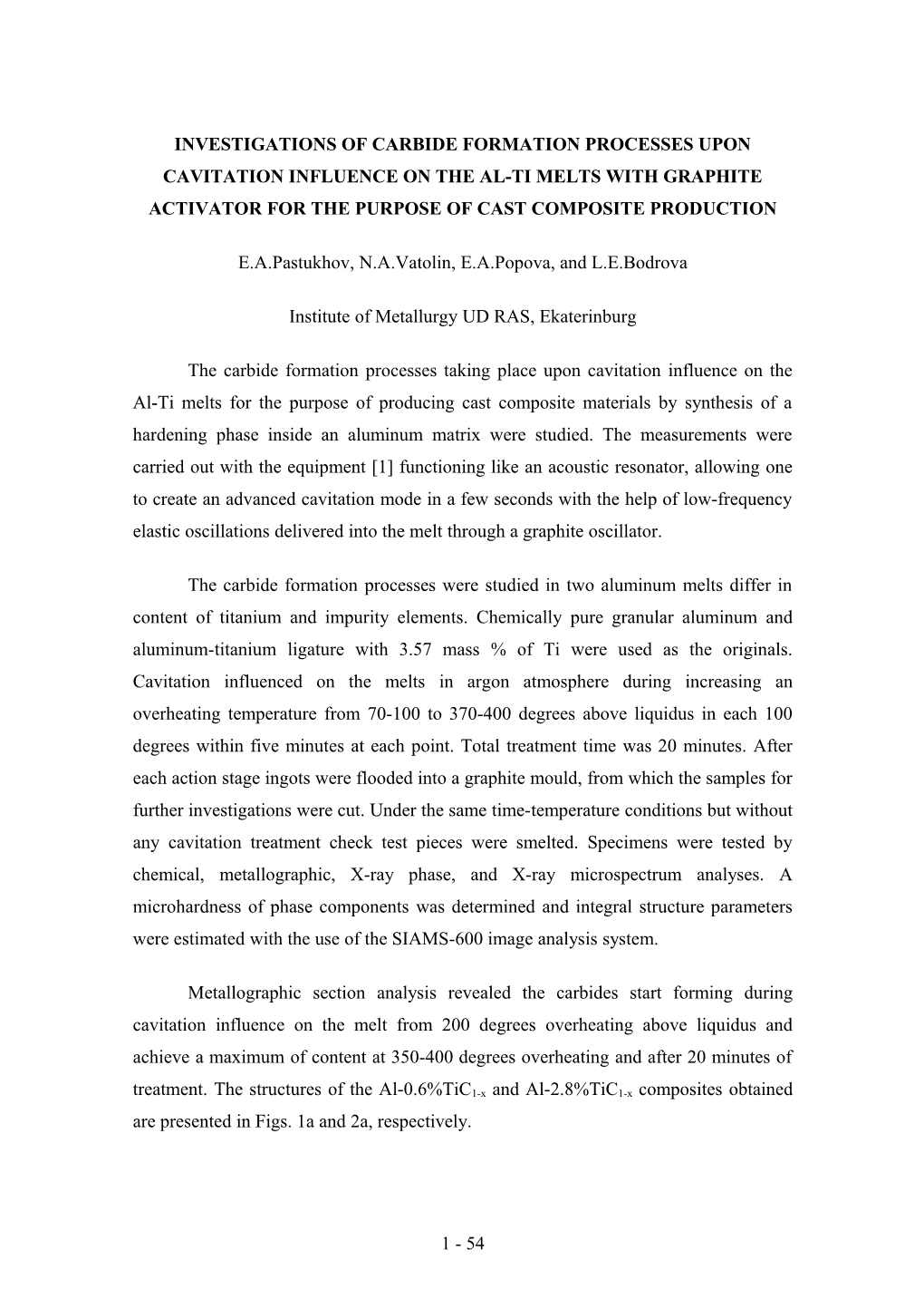 The Study of Carbide Formation Processes Upon Cavity Treatment of the Al-Ti Melts With