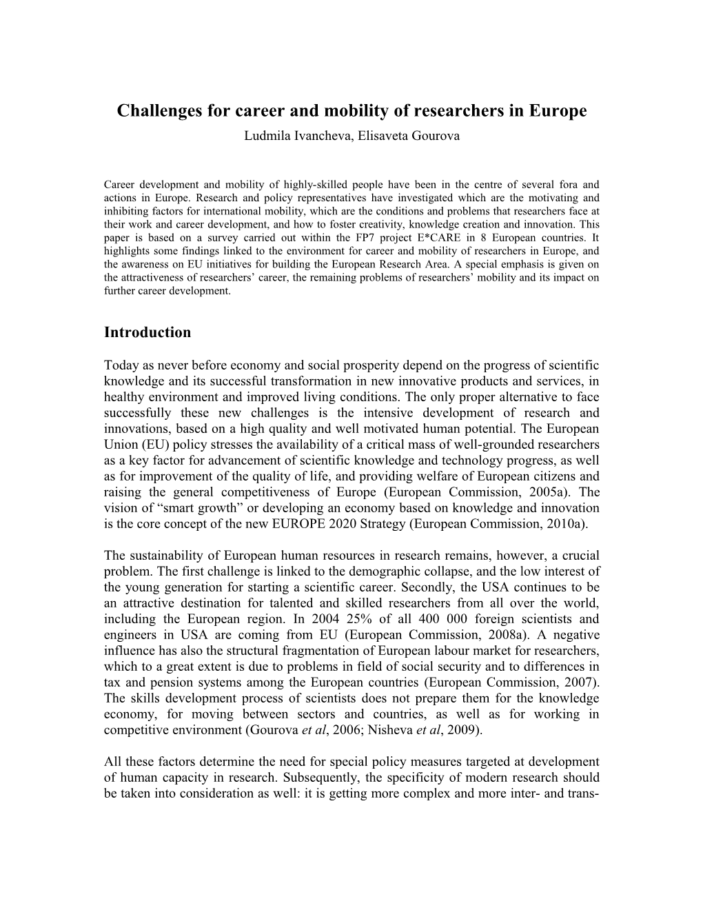 Challenges for Career and Mobility of Researchers in Europe