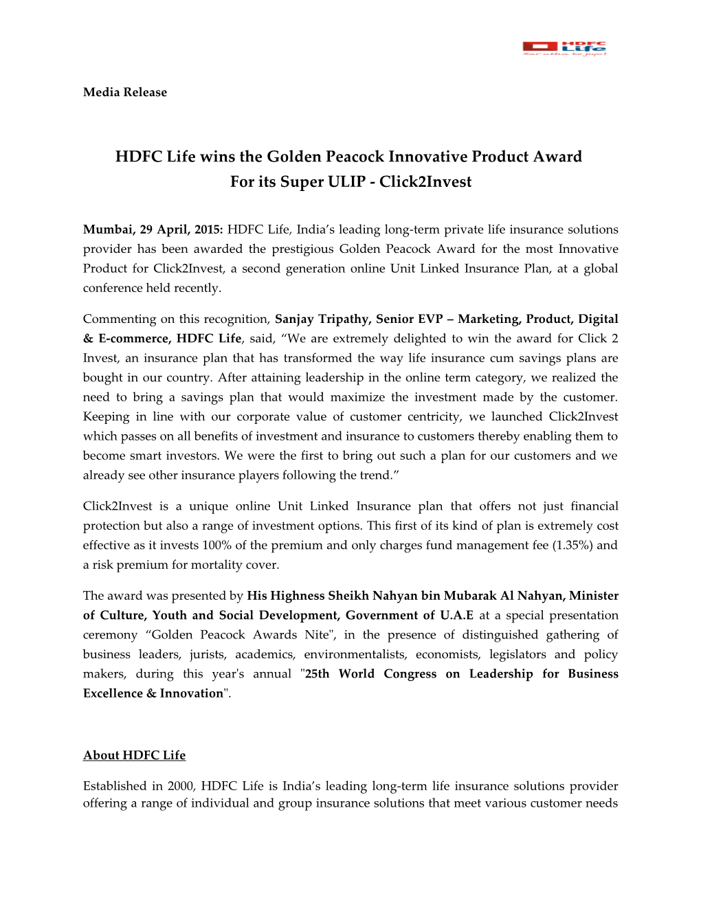 HDFC Life Wins the Golden Peacock Innovative Product Award