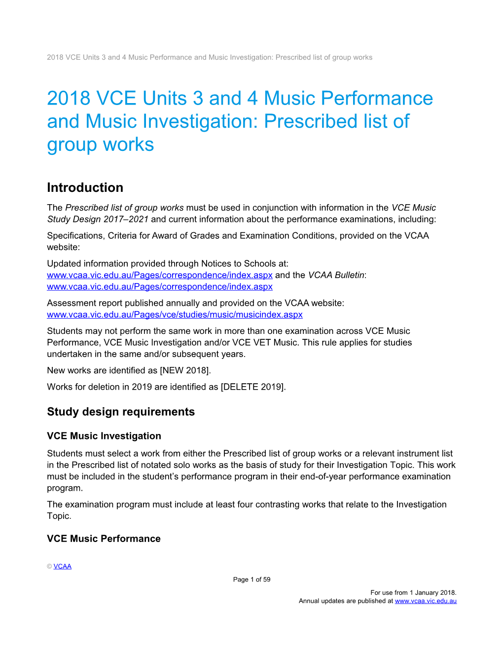 2018 VCE Units 3 and 4 Music Performance and Music Investigation: Prescribed List of Group Works