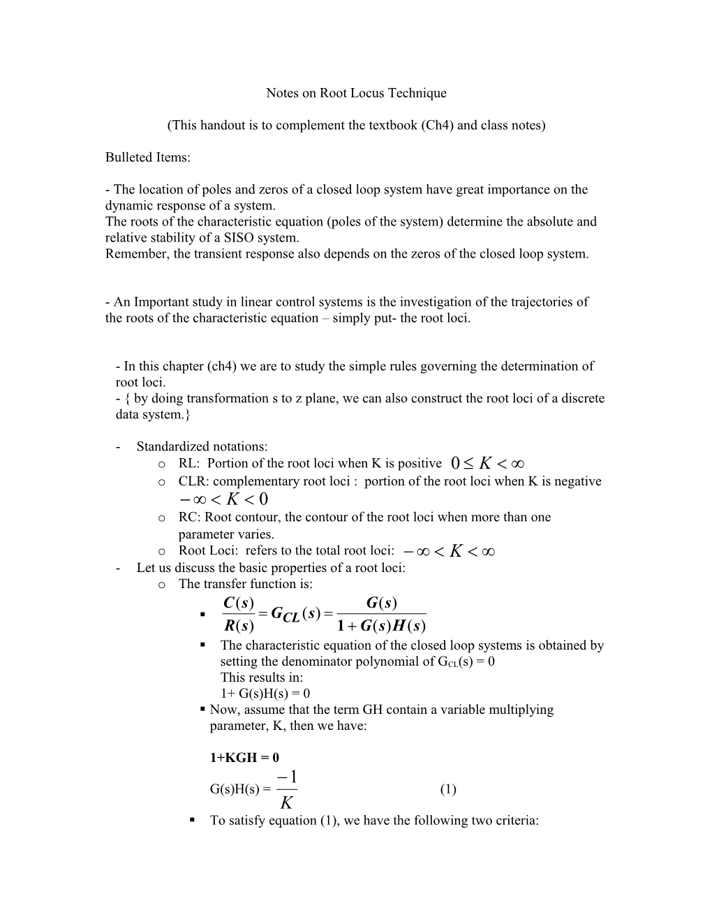 Notes on Root Locus Technique