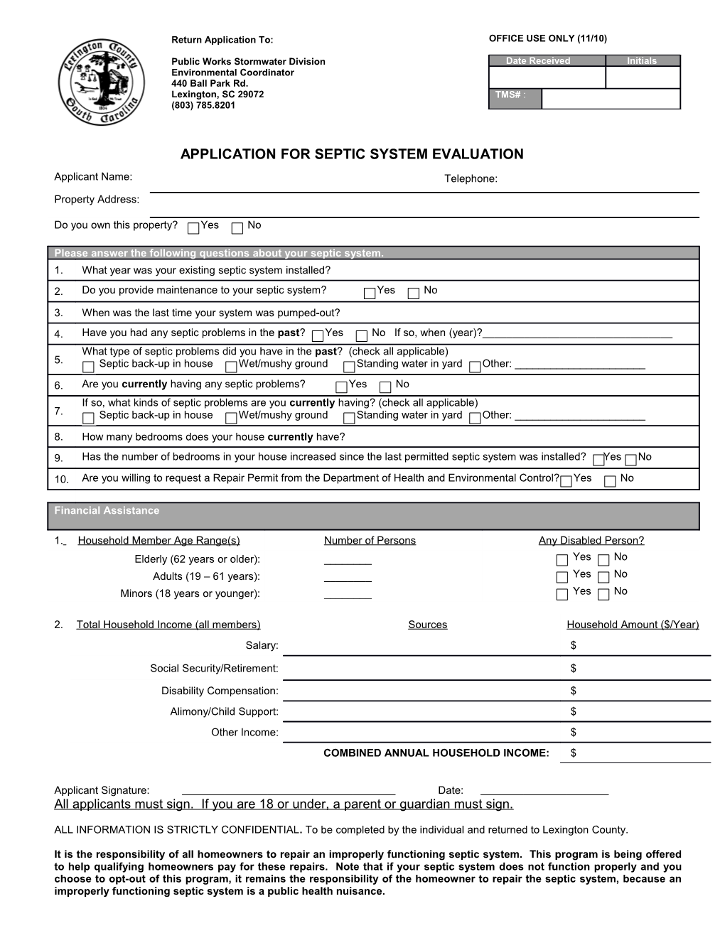 Application for Septic System Evaluation