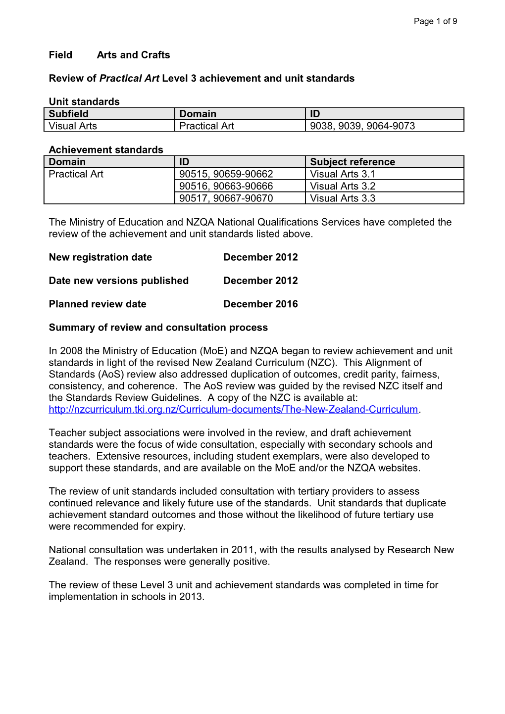 Review of Practical Art Level 3 Achievement and Unit Standards