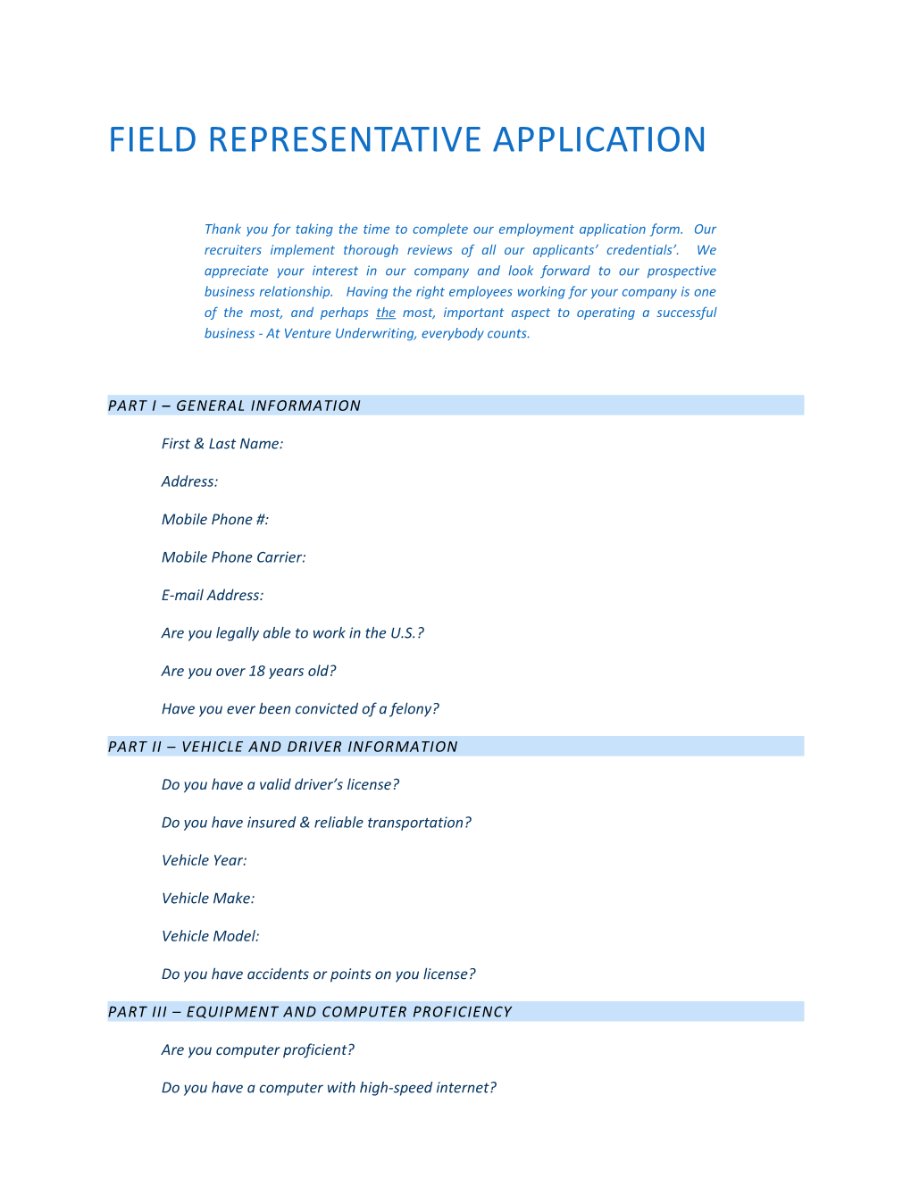 Field Representative Application