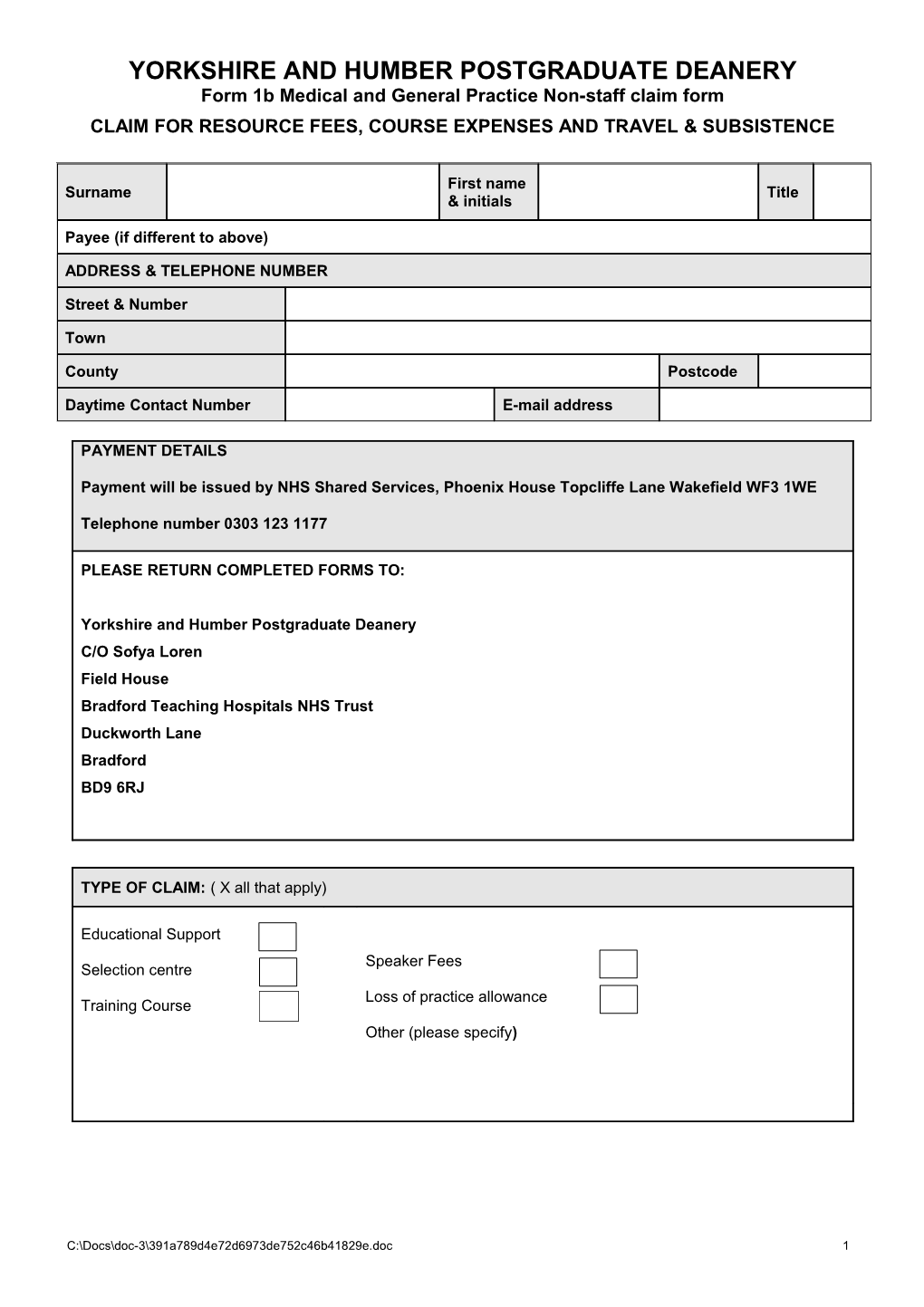 Claim for Resource Fees, Course Expenses and Travel & Subsistence