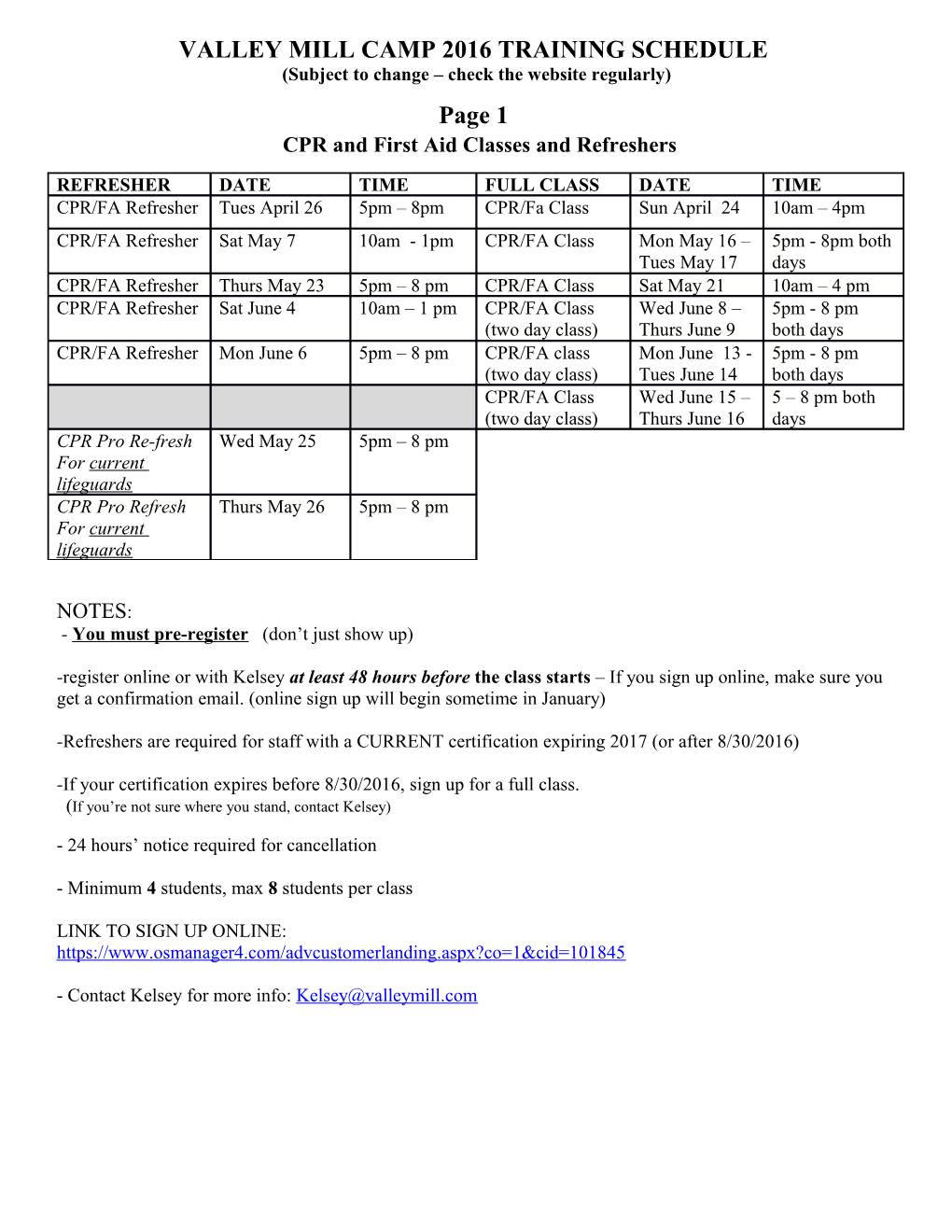 Valley Mill Camp 2012 Training Schedule