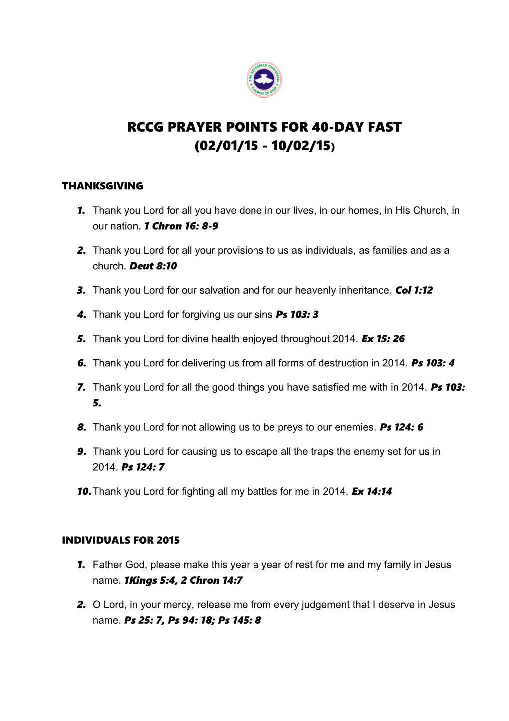 Rccg Prayer Points for 40-Day Fast