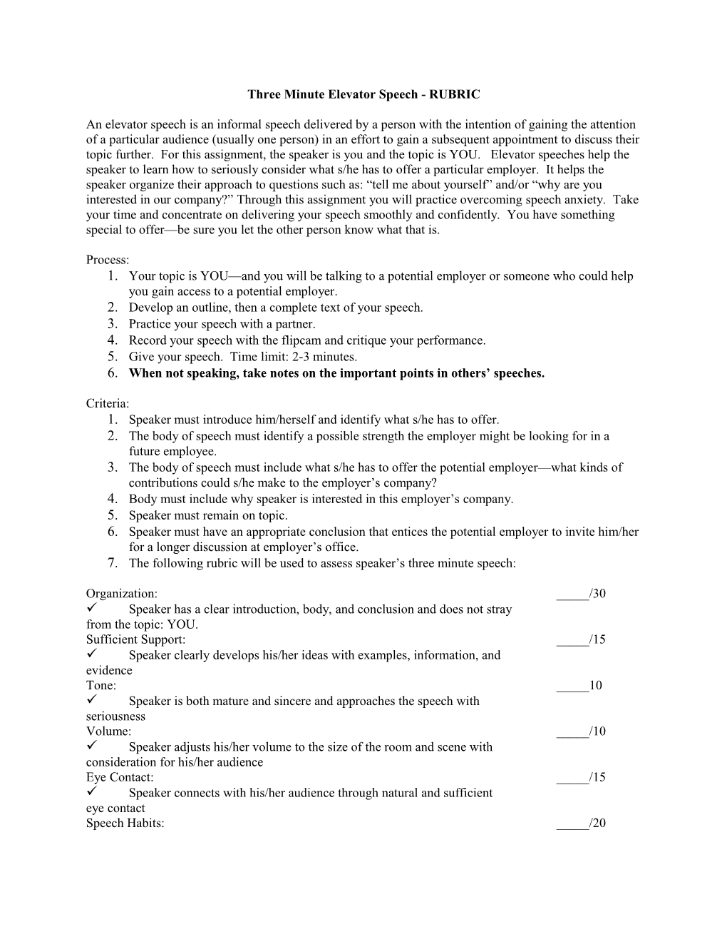 Three Minute Elevator Speech - RUBRIC