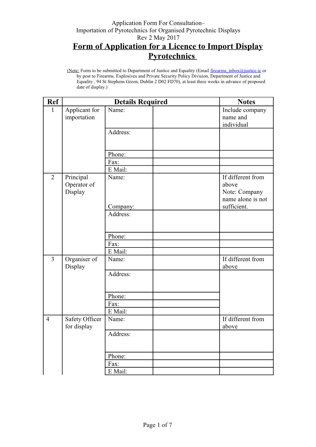 Form of Application for a Licence to Import Display Pyrotechnics