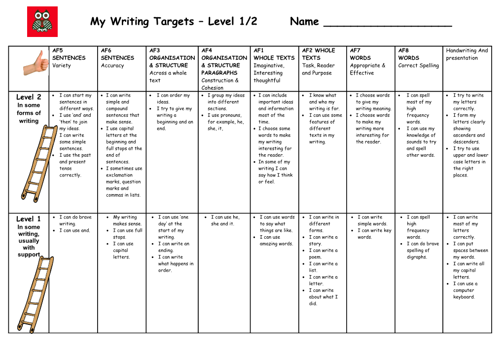 My Writing Targets Level 1/2 Name ______