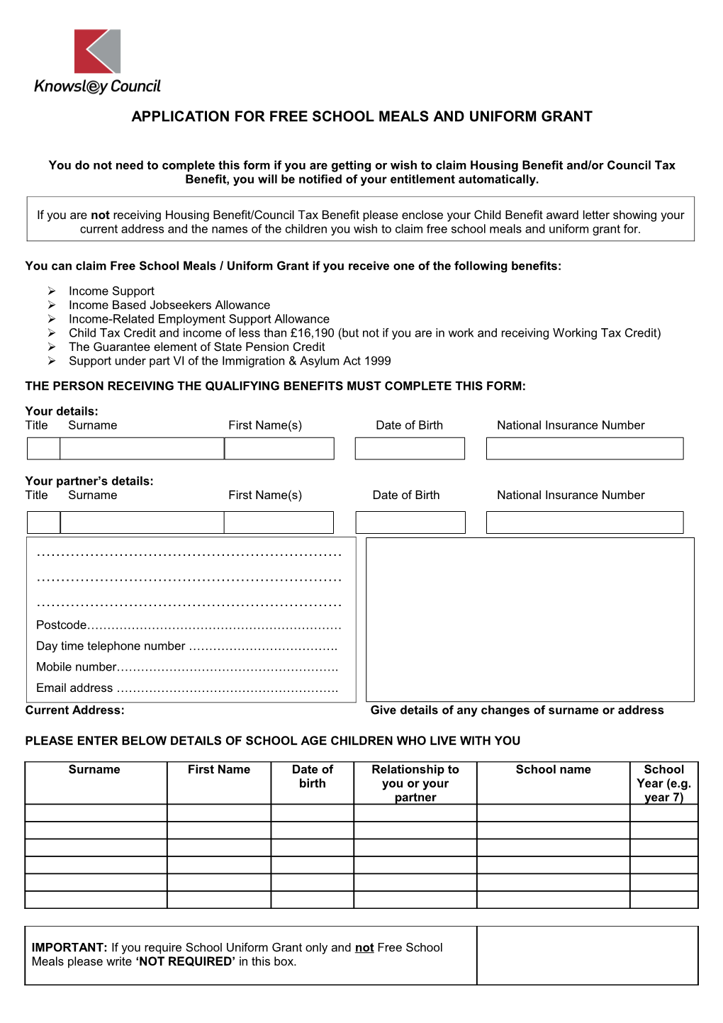 Application for Free School Meals and Uniform Grant