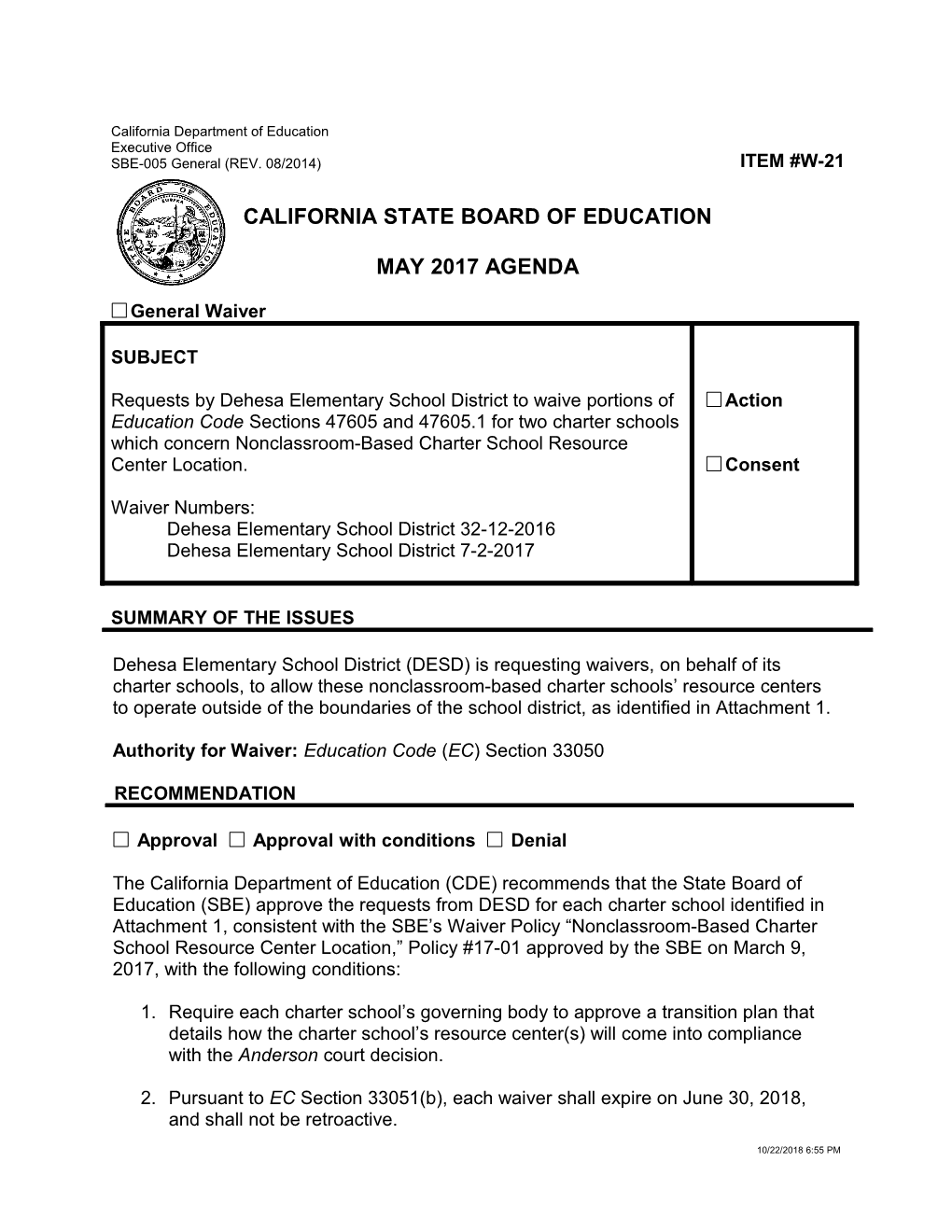 May 2017 Agenda Item W-21 - Meeting Agendas (CA State Board of Education)