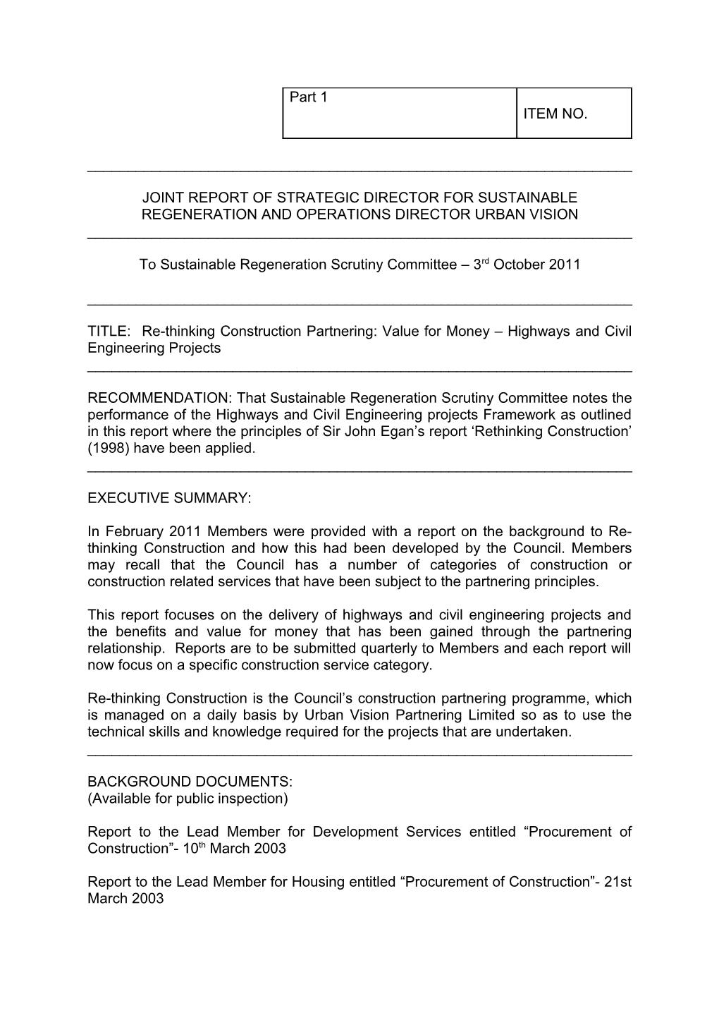 Joint Report of Strategic Director for Sustainable Regeneration and Operations Director