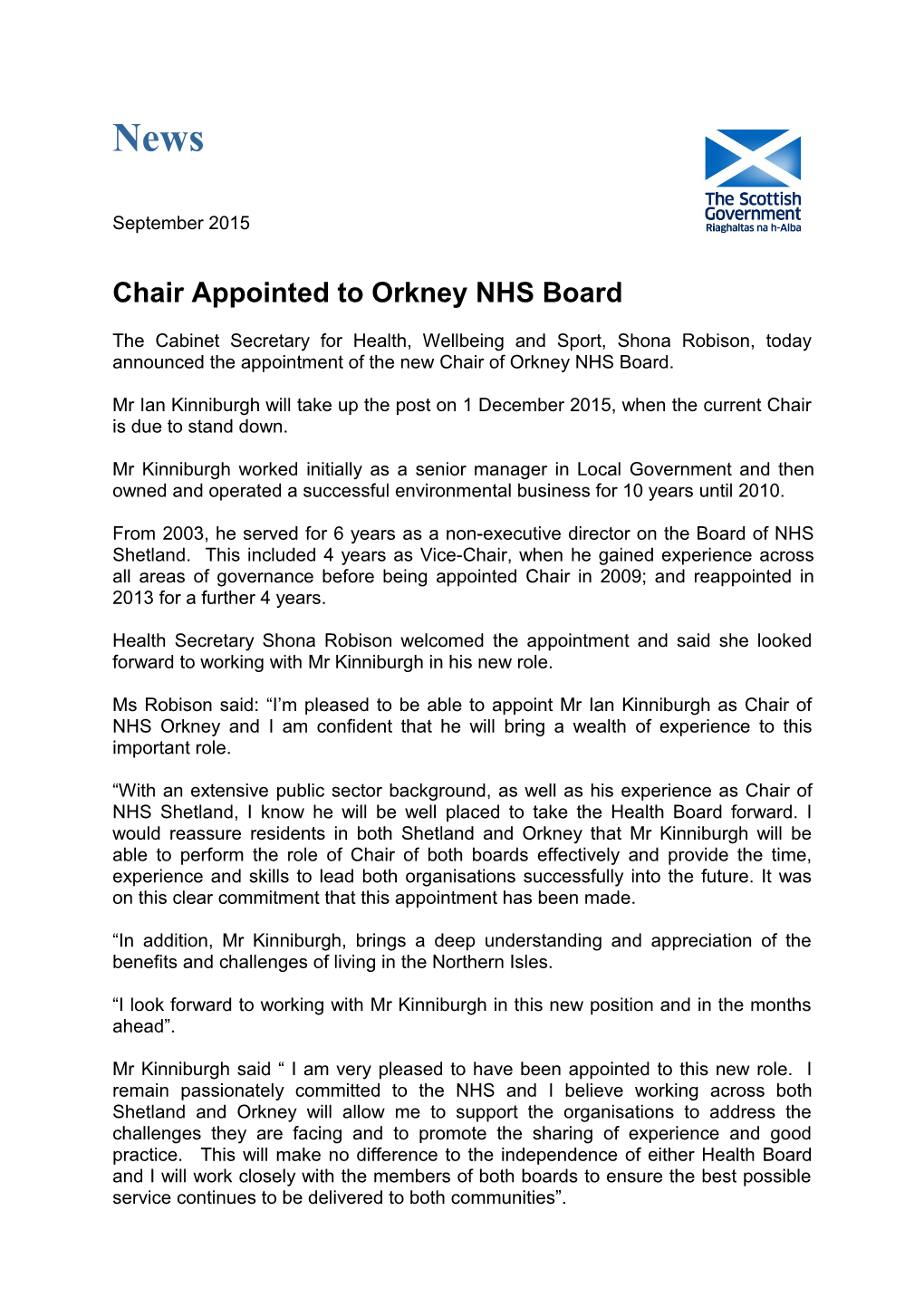 Chair Appointed to Orkney NHS Board