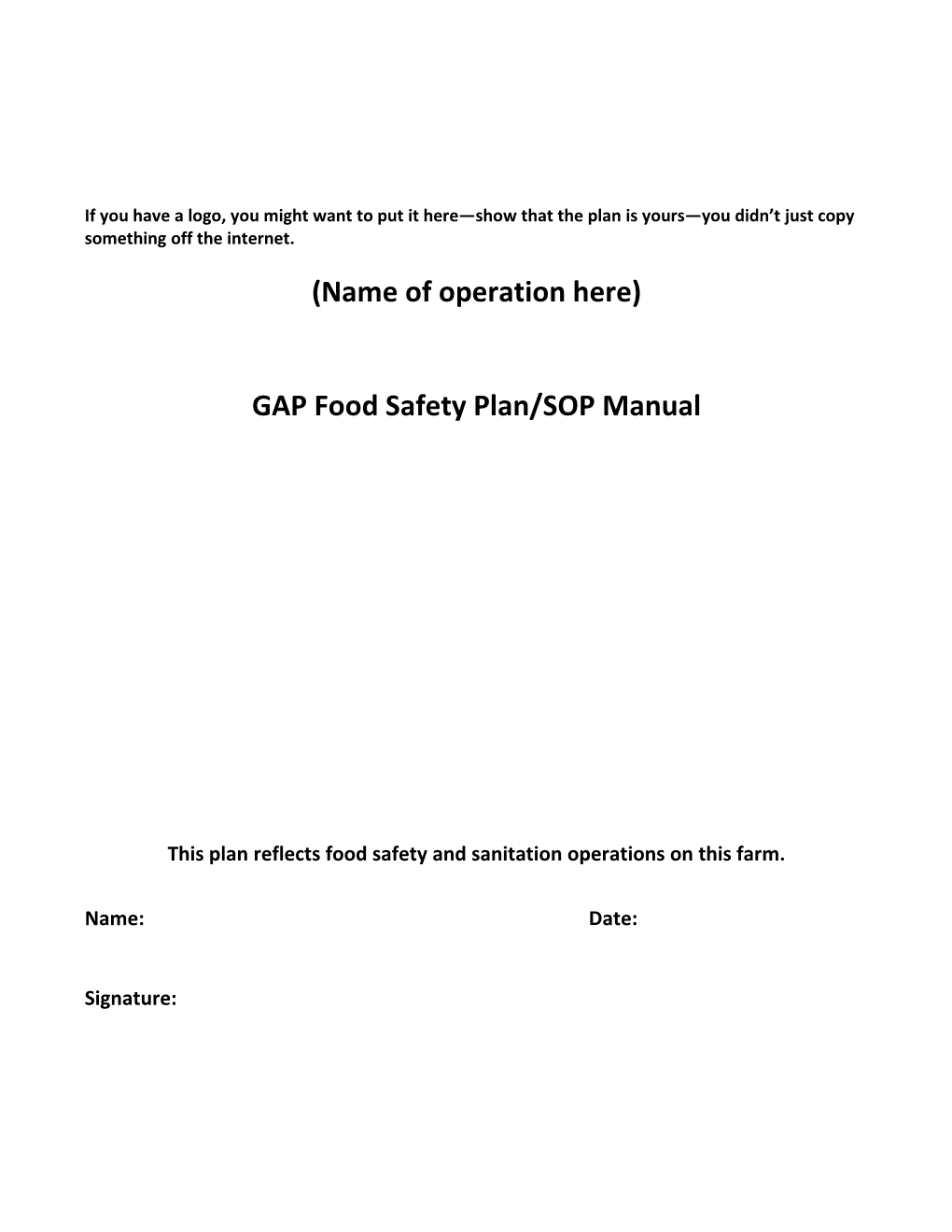 GAP Food Safety Plan/SOP Manual