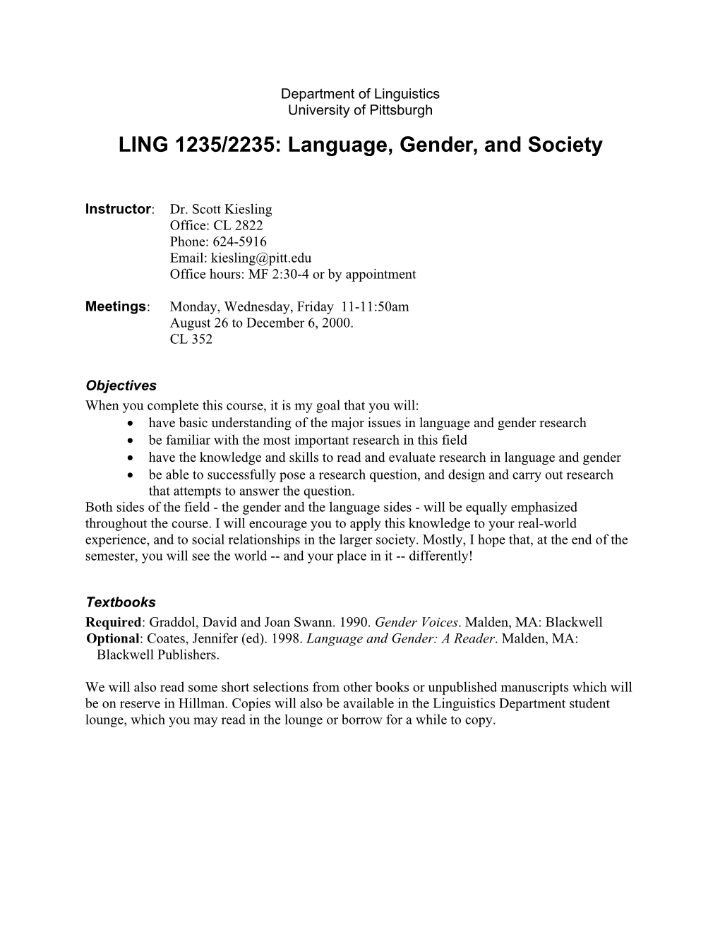 LING 1235/2235: Language, Gender, and Society