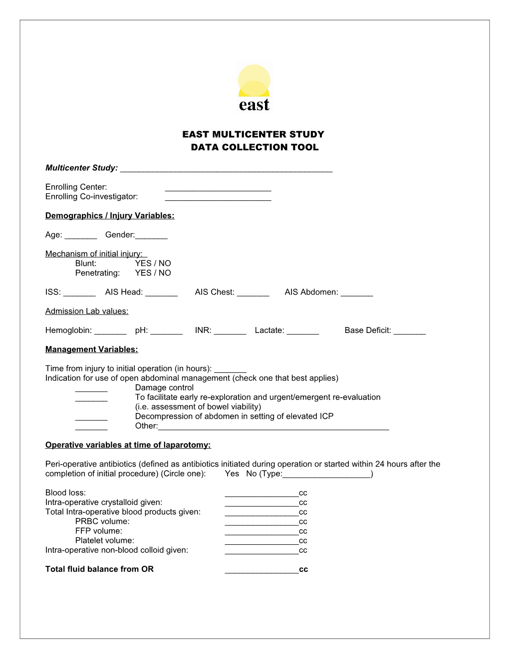 AAST Mutlicenter Study: Management of the Open Abdomen Data Collection Tool