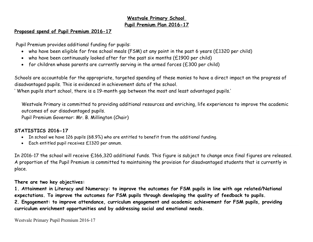 Proposed Spend of Pupil Premium 2016-17