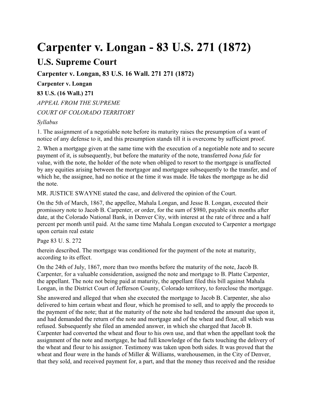 Carpenter V. Longan - 83 U.S. 271 (1872)