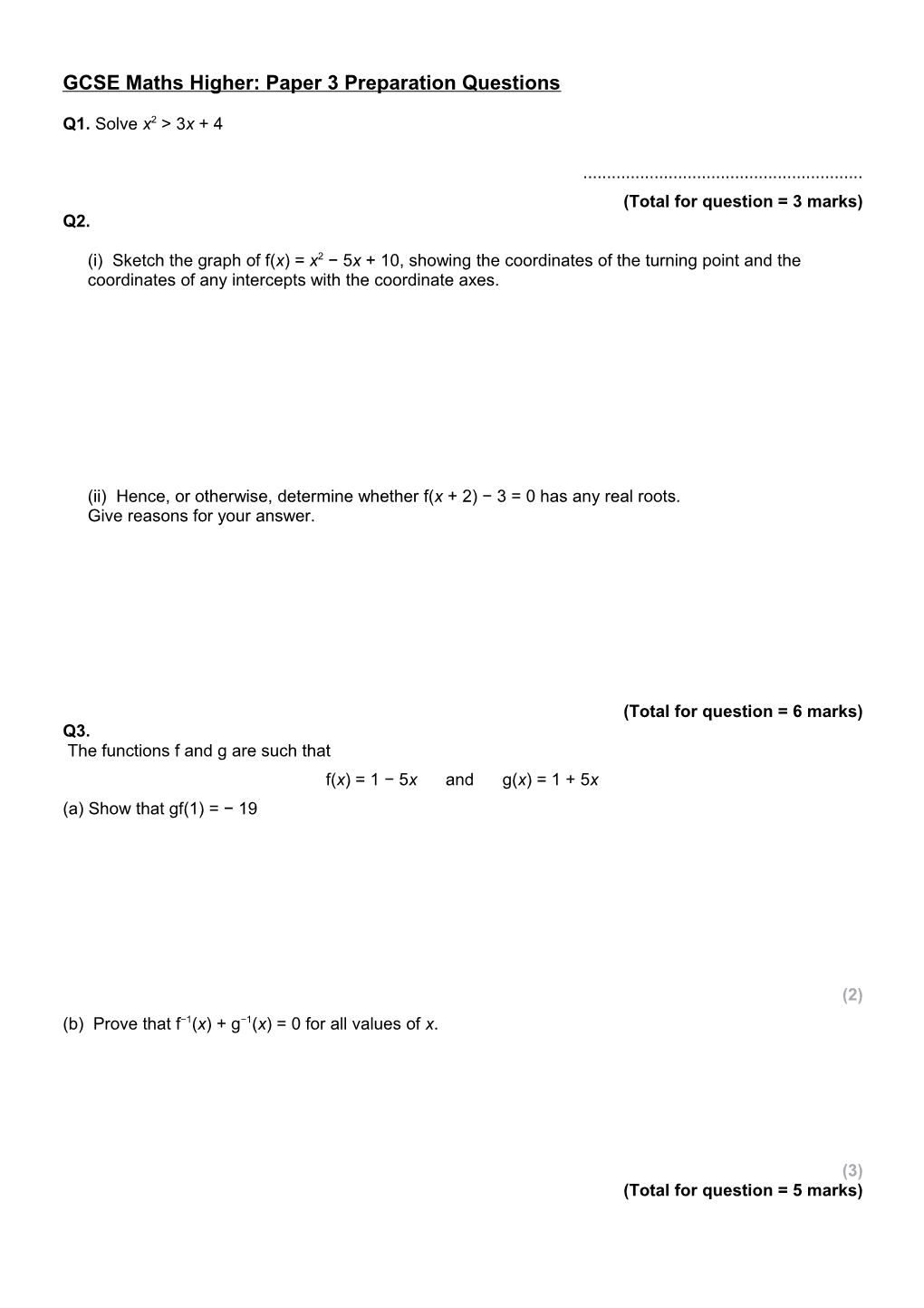 GCSE Maths Higher: Paper 3 Preparation Questions