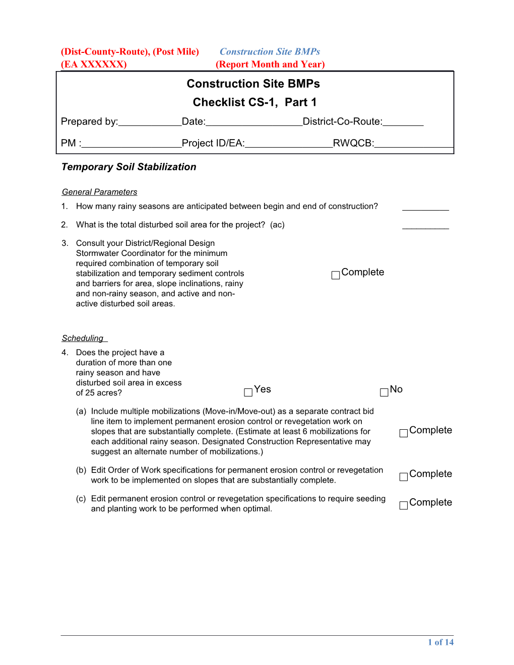 Dist-County-Route), (Post Mile)Construction Site Bmps (EA XXXXXX)(Report Month and Year