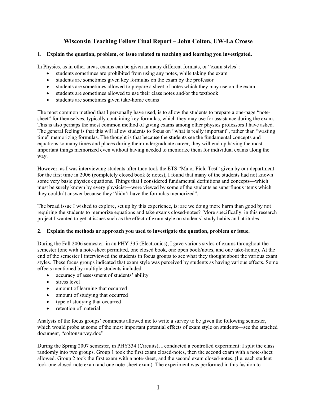 Wisconsin Teaching Fellow Final Report John Colton, UW-La Crosse