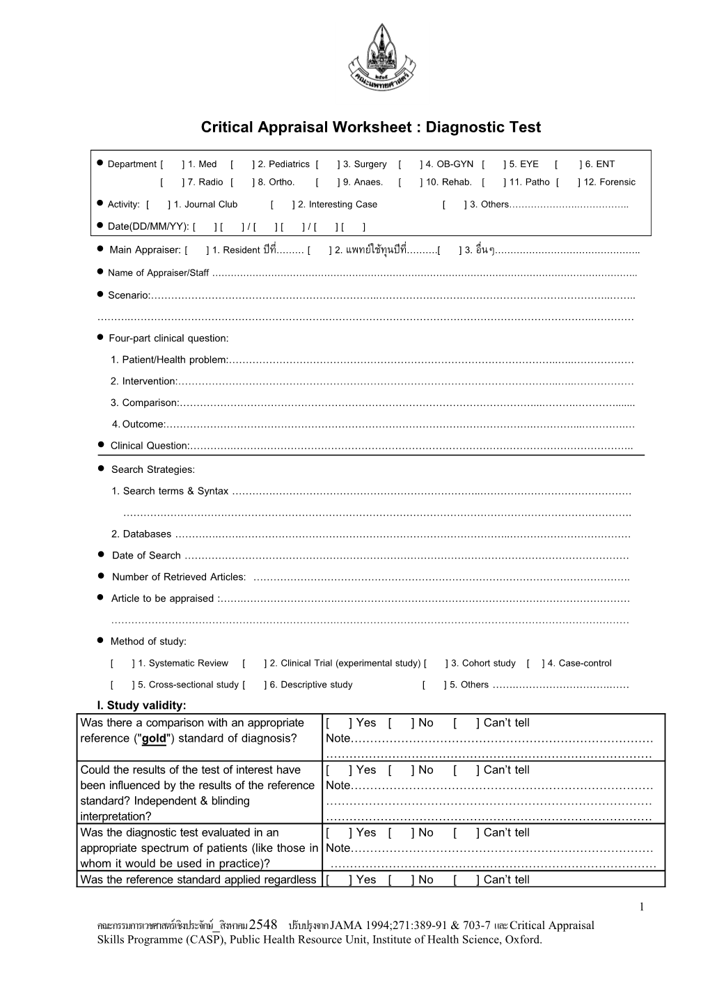 Critical Appraisal Worksheet for Diagnosis