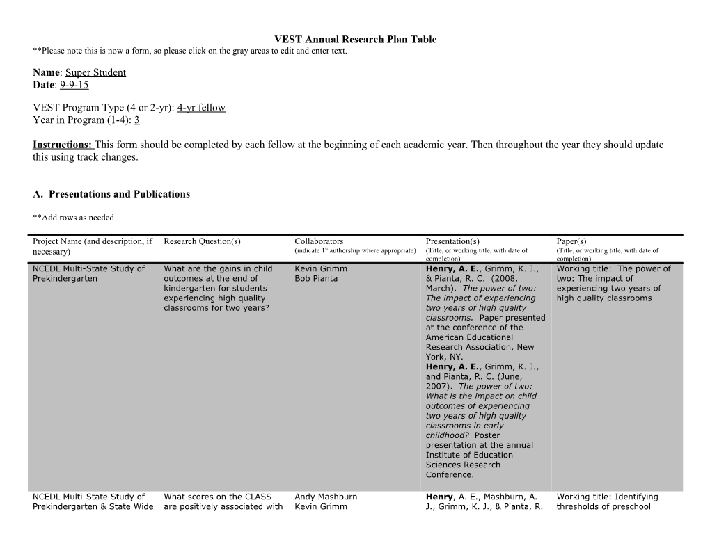 VEST Annual Research Plan Table