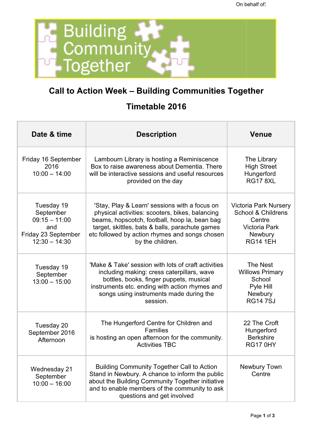 Call to Action Week Building Communities Together