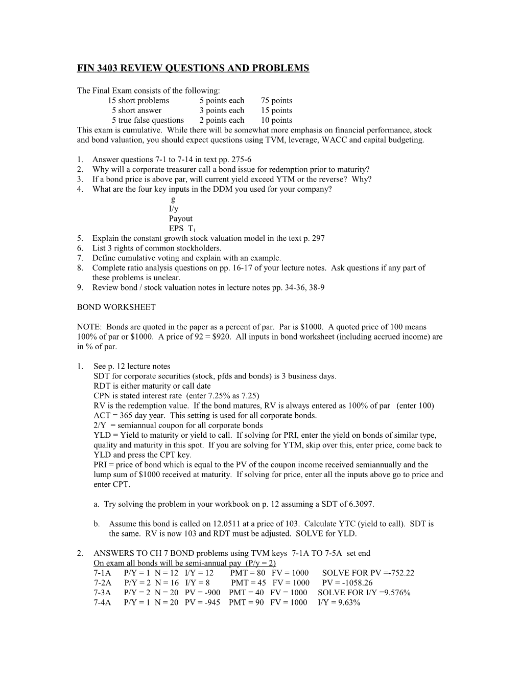 Fin 3403 Review Questions and Problems