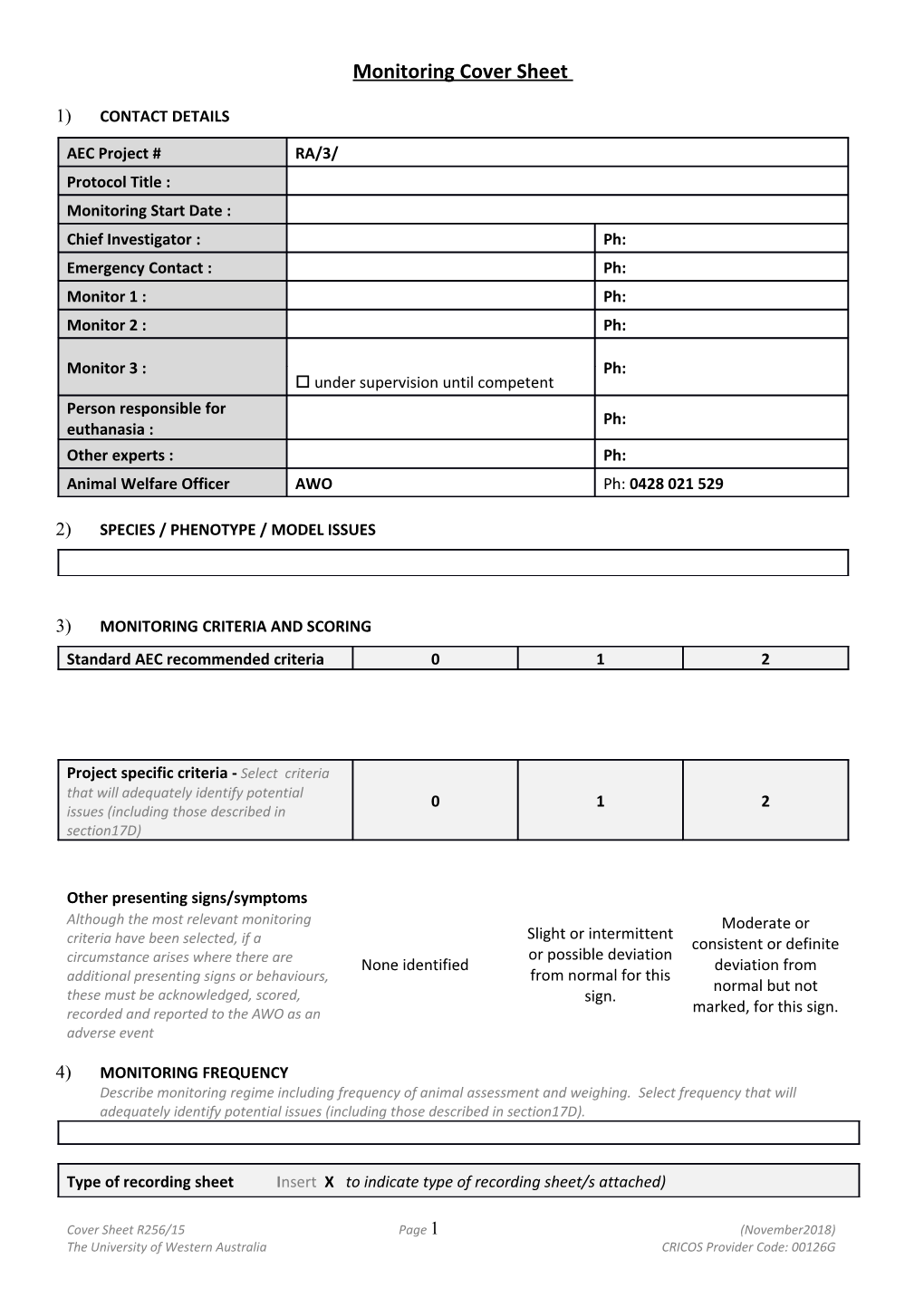 Monitoring Cover Sheet