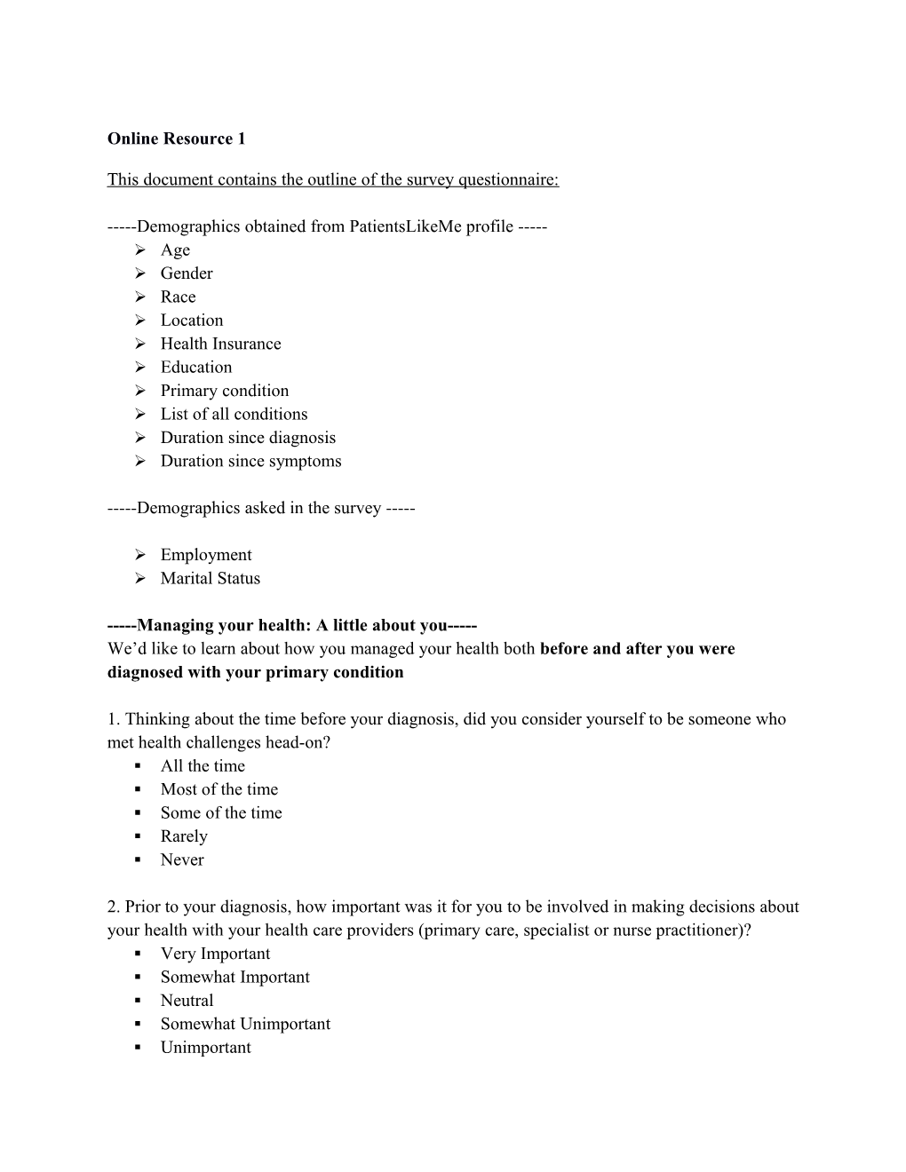 This Document Contains the Outline of the Survey Questionnaire