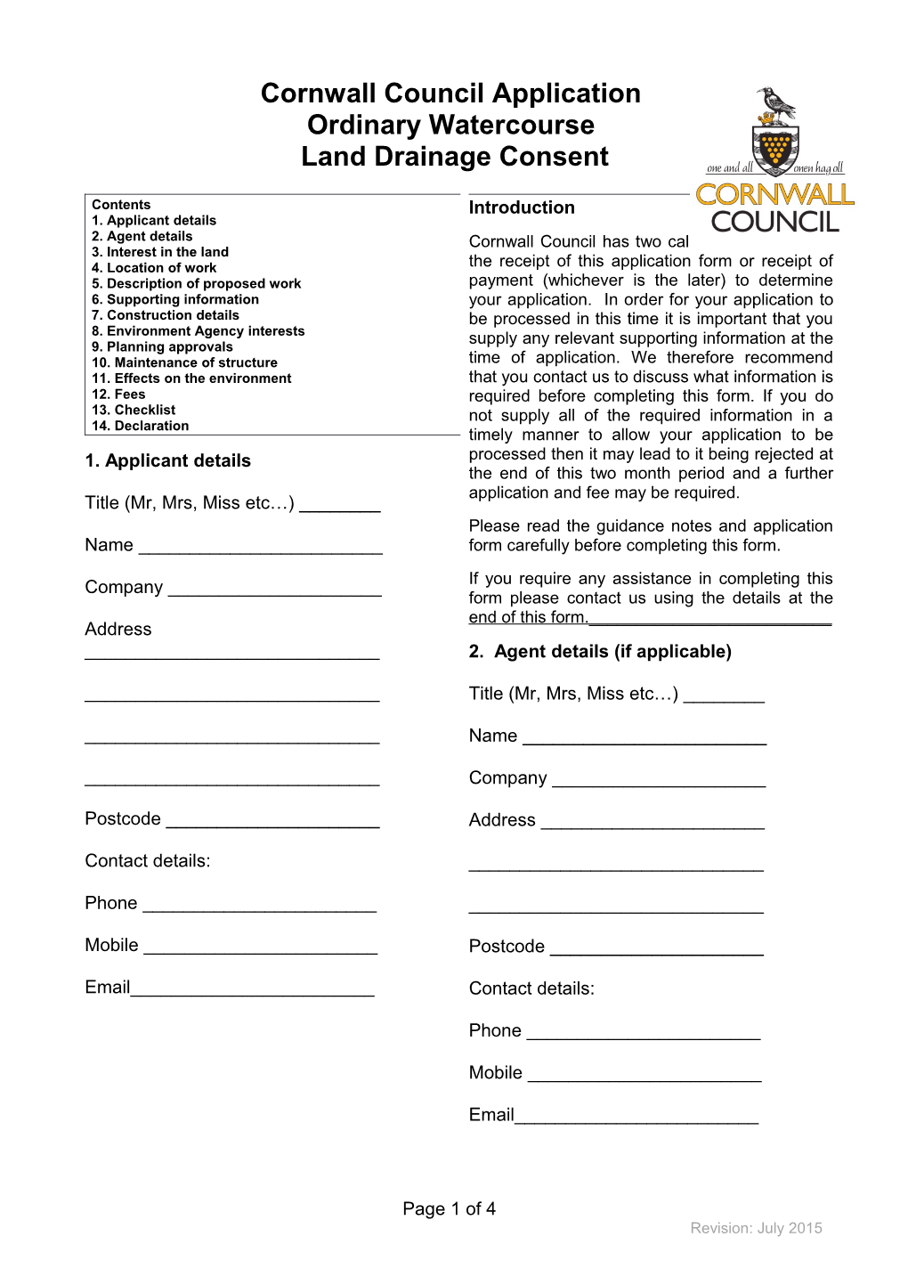 Cornwall Council Authority Application for Ordinary Watercourse Land Drainage Consent