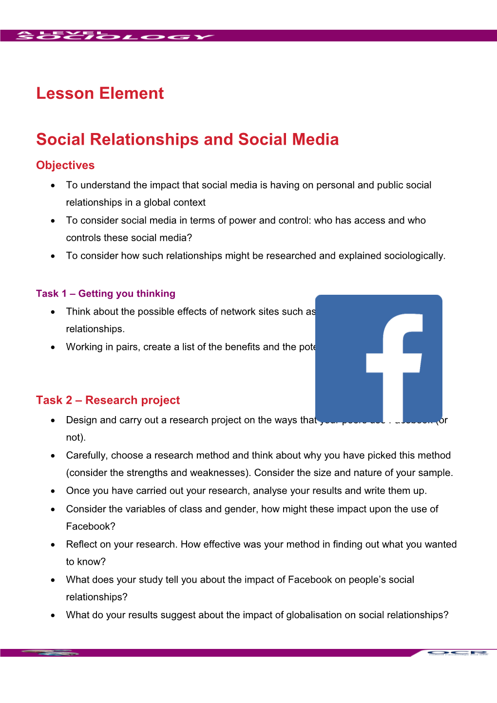 A Level Sociology Lesson Element Learner Activity (Social Relationships and Social Media)