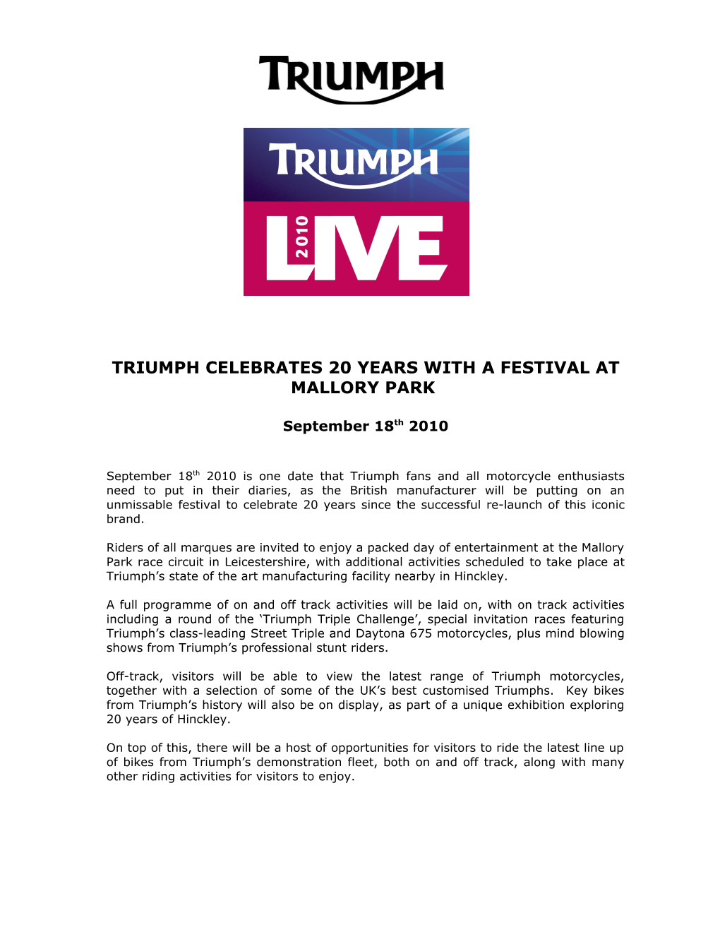 Triumph Celebrates 20 Years with Party in the Park