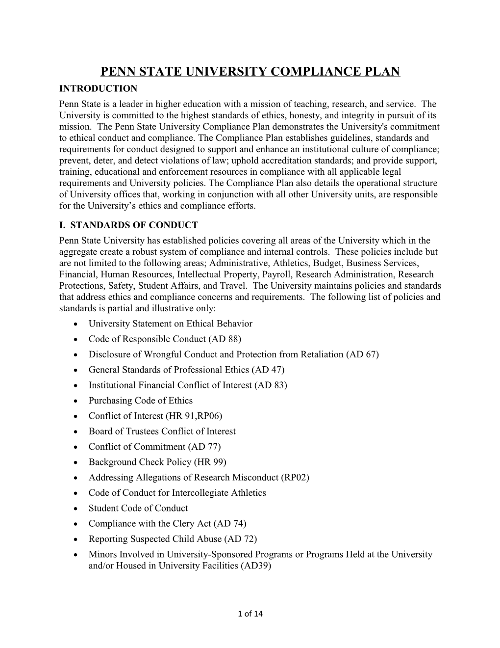 Penn State University Compliance Plan