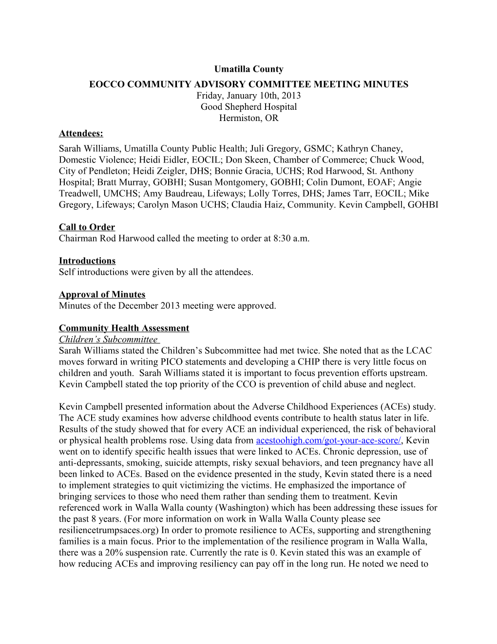 Eocco Community Advisory Committee Meeting Minutes